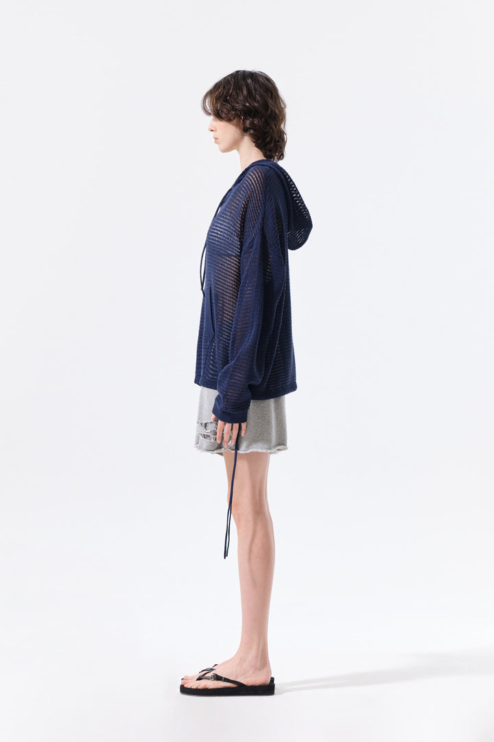 Matin Kim Oversized Mesh Knit Hoodie — Navy blue