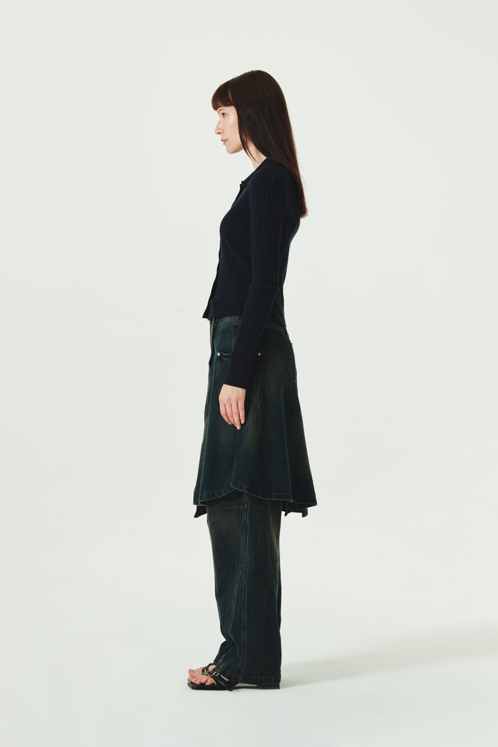KIMMATIN Collar Point Ribbed Button Knit Cardigan — Navy blue