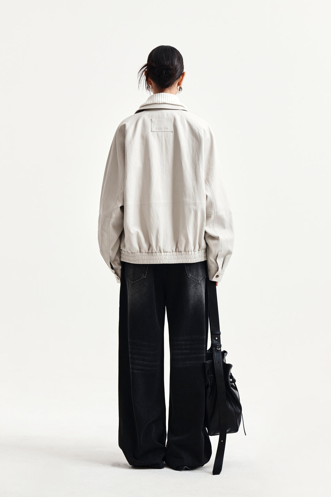 Matin Kim Small Logo Faux Leather Zip-Up — Light Grey