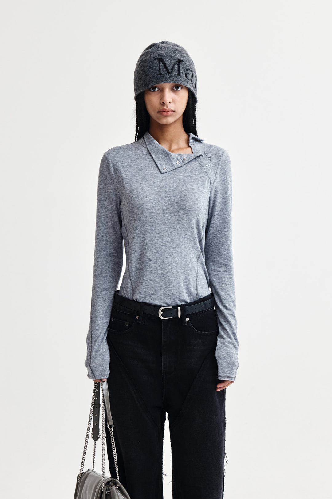 Matin Kim Button Slit Half Neck Top — Gray