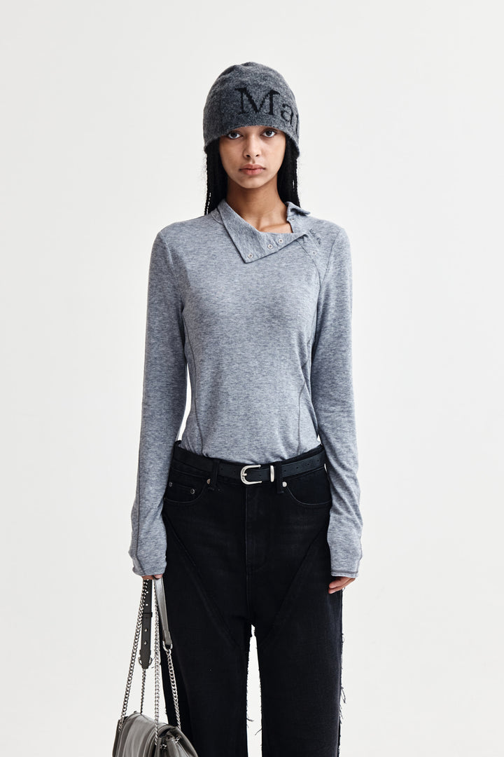 Matin Kim Button Slit Half Neck Top — Gray