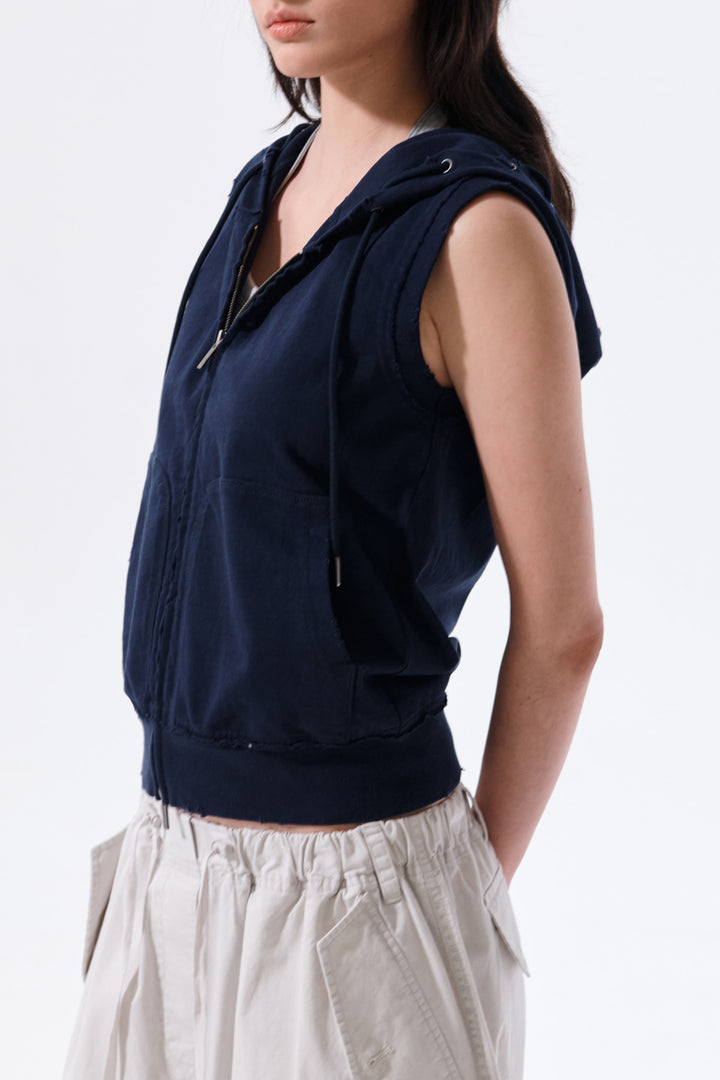 Matin Kim Back Logo Jersey Hood Vest — Navy blue