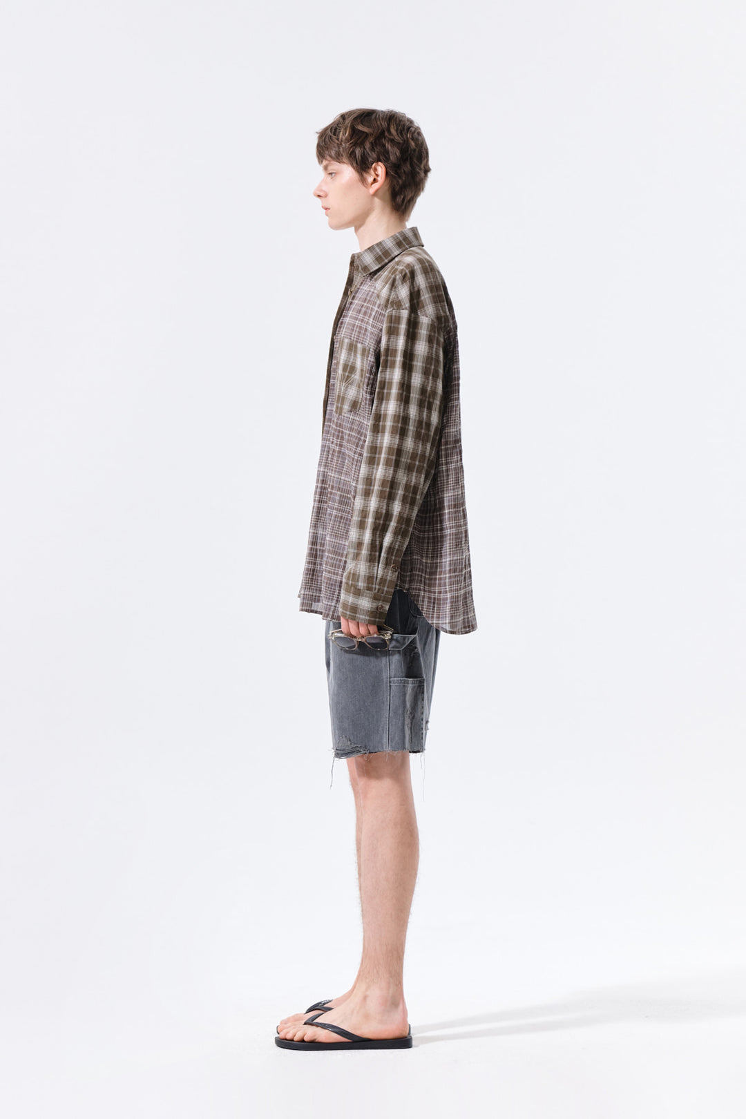 Matin Kim Mixed Check Overfit Shirt — Brown