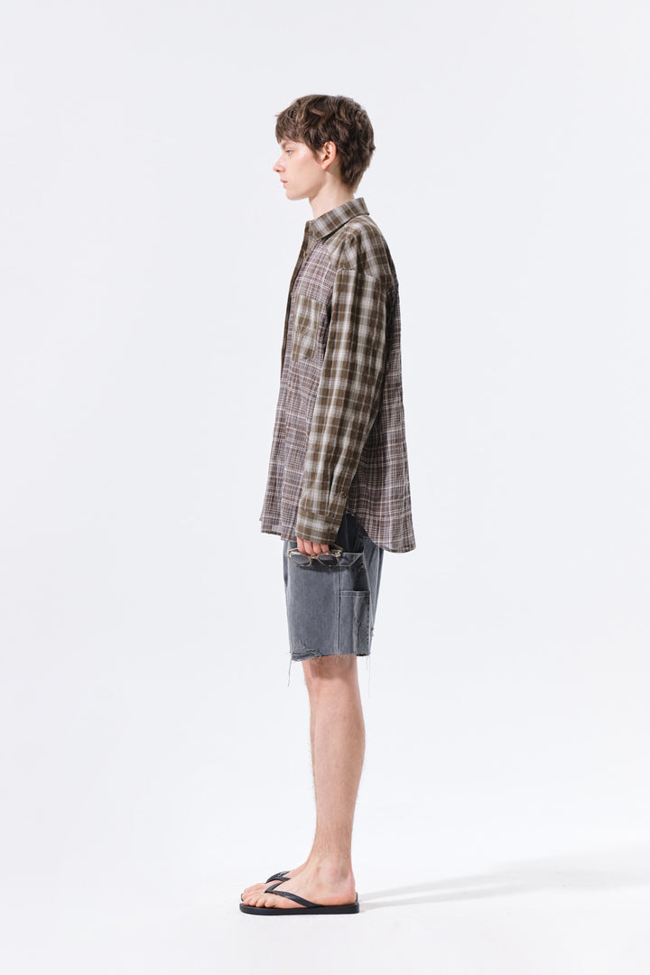 Matin Kim Mixed Check Overfit Shirt — Brown