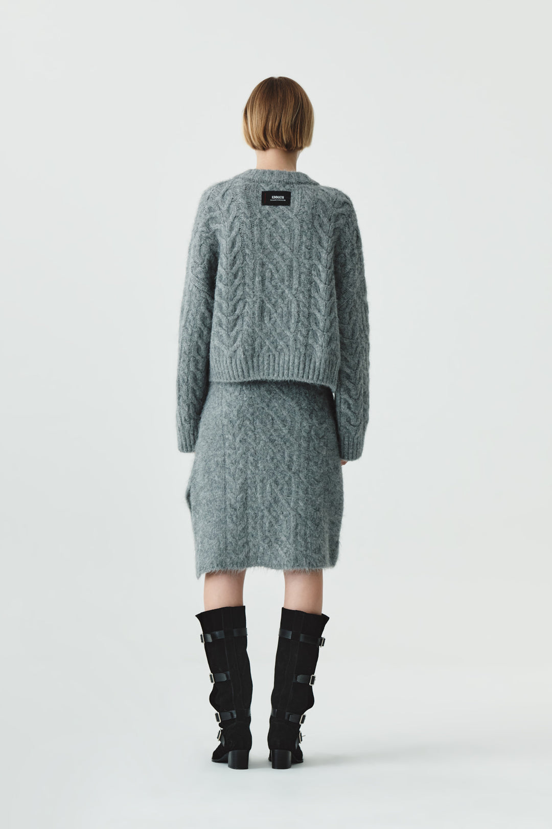 KIMMATIN Wide Cable Midi Knit Skirt — Gray