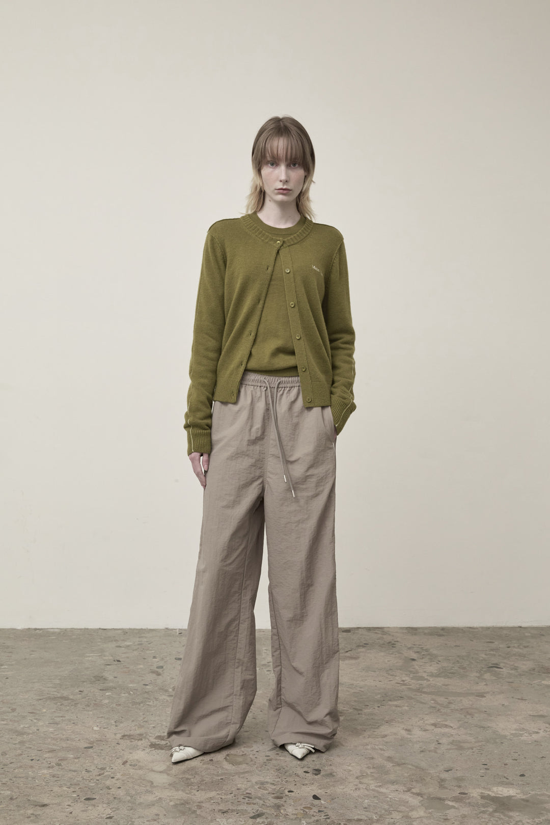 Matin Kim Cashmere Blended Round Knit Cardigan — Olive