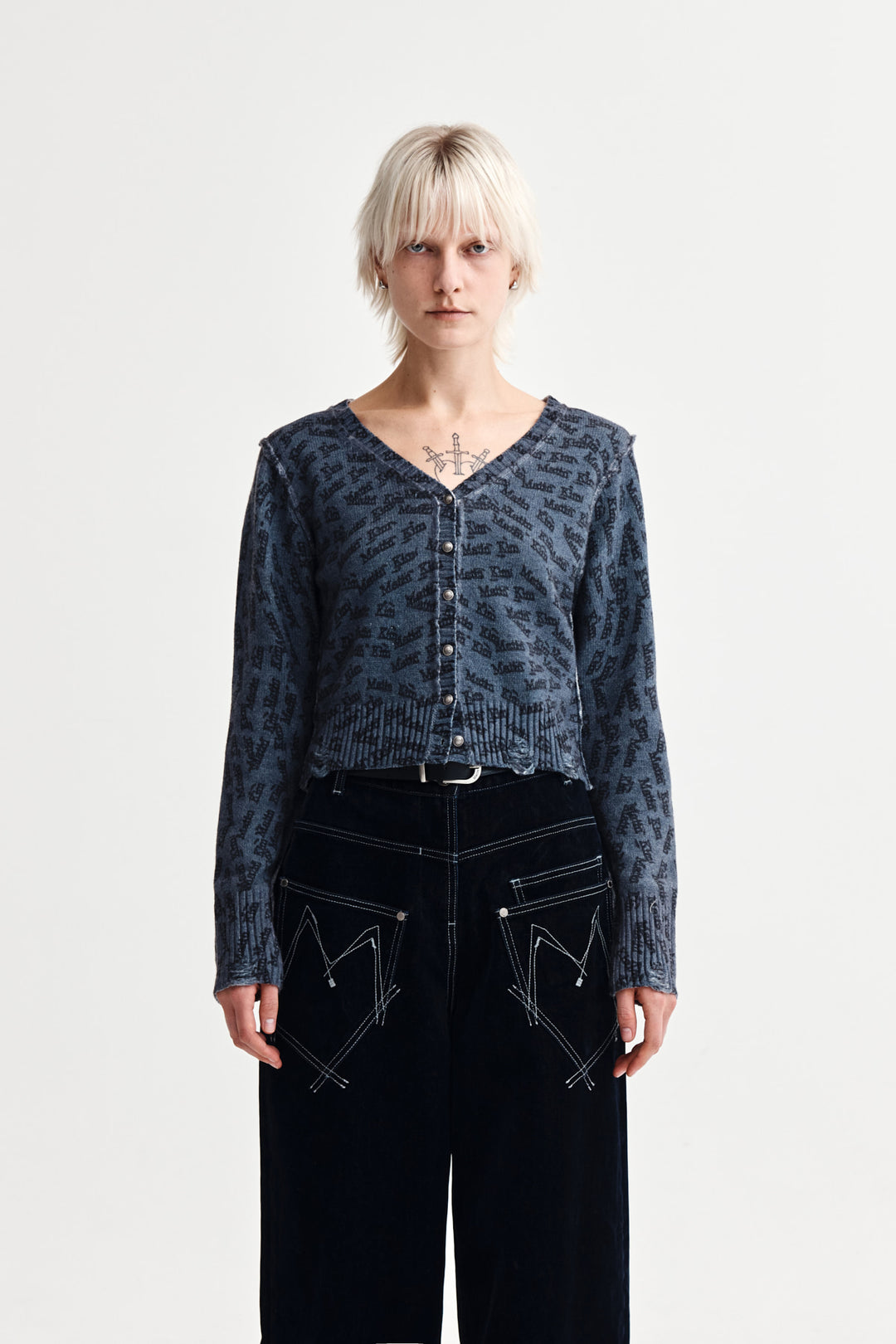 Matin Kim All Over Logo Crop Cardigan — Navy blue