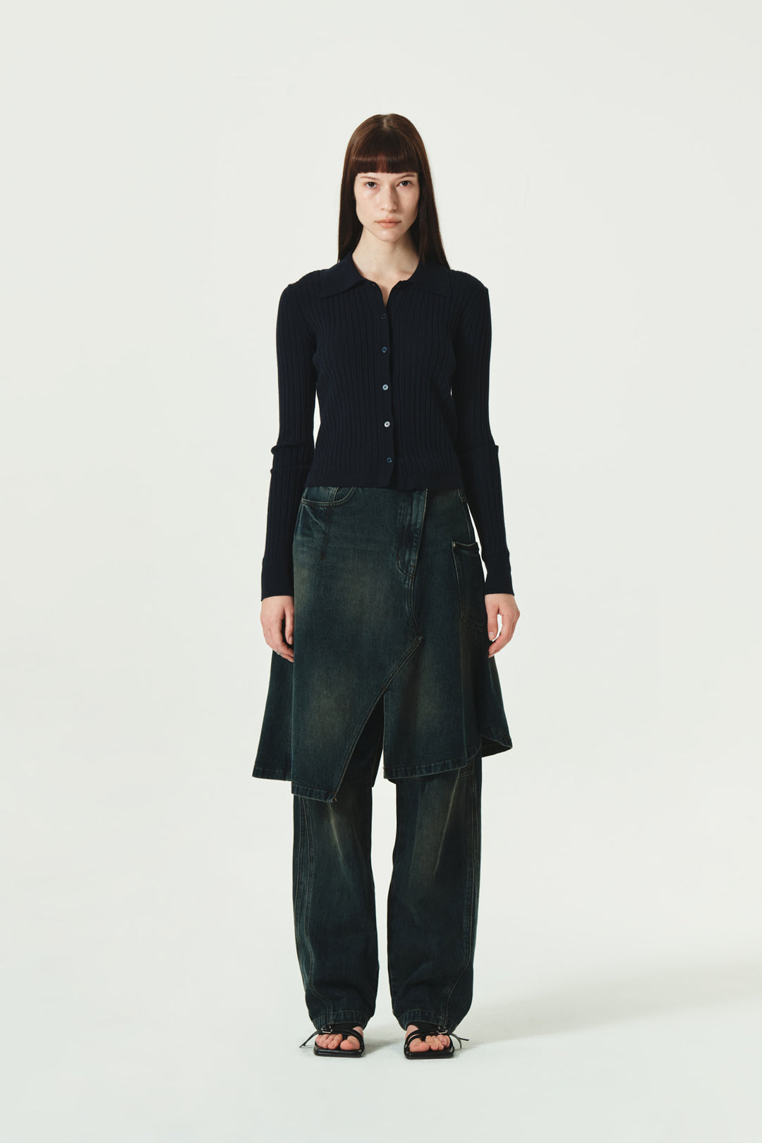 KIMMATIN Collar Point Ribbed Button Knit Cardigan — Navy blue