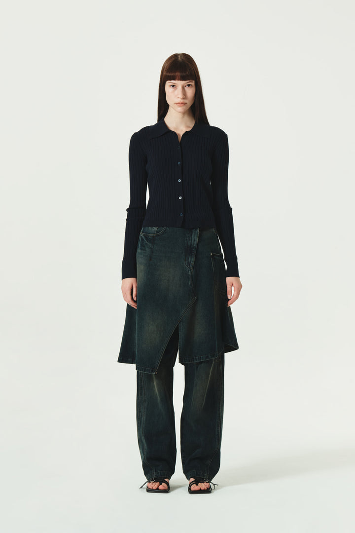 KIMMATIN Collar Point Ribbed Button Knit Cardigan — Navy blue