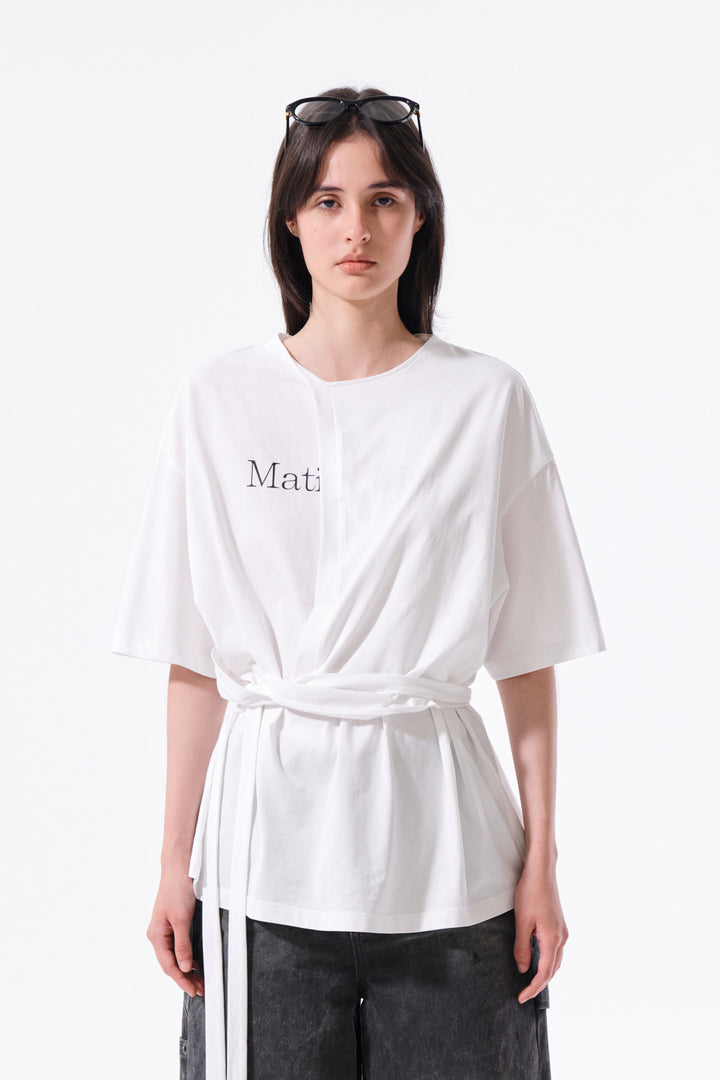Matin Kim Tie Detail Draped Logo Top — White