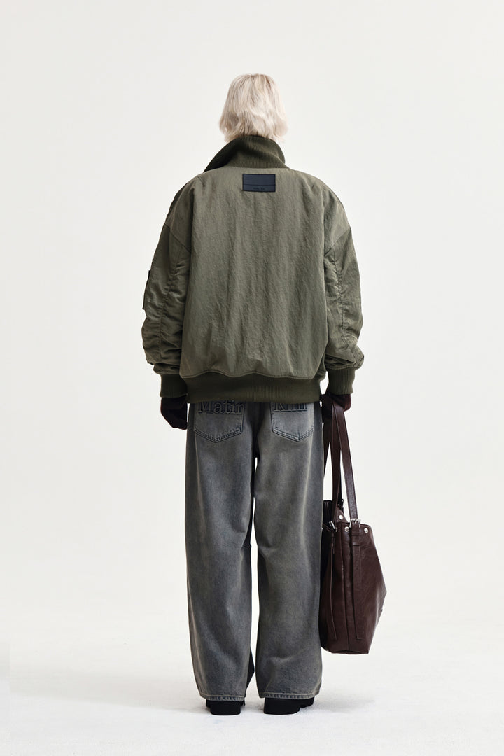 Matin Kim High Neck Button Point Zip Up Jumper — Khaki