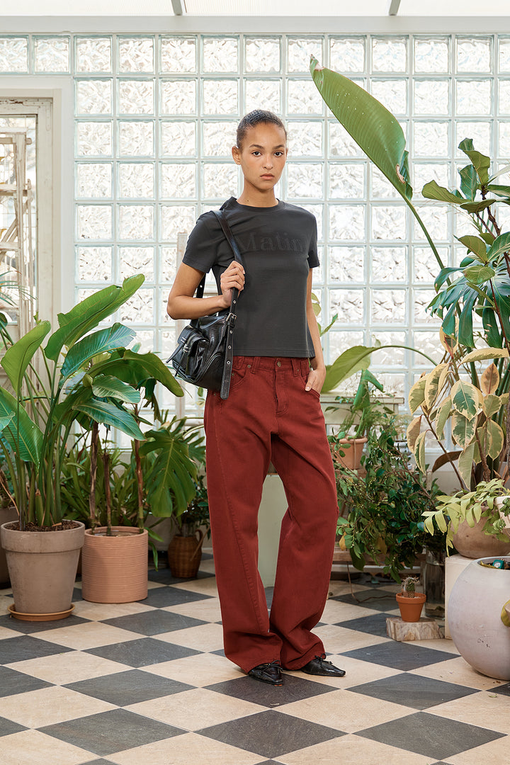 Matin Kim Waist Buckle Curved Dying Denim — Red