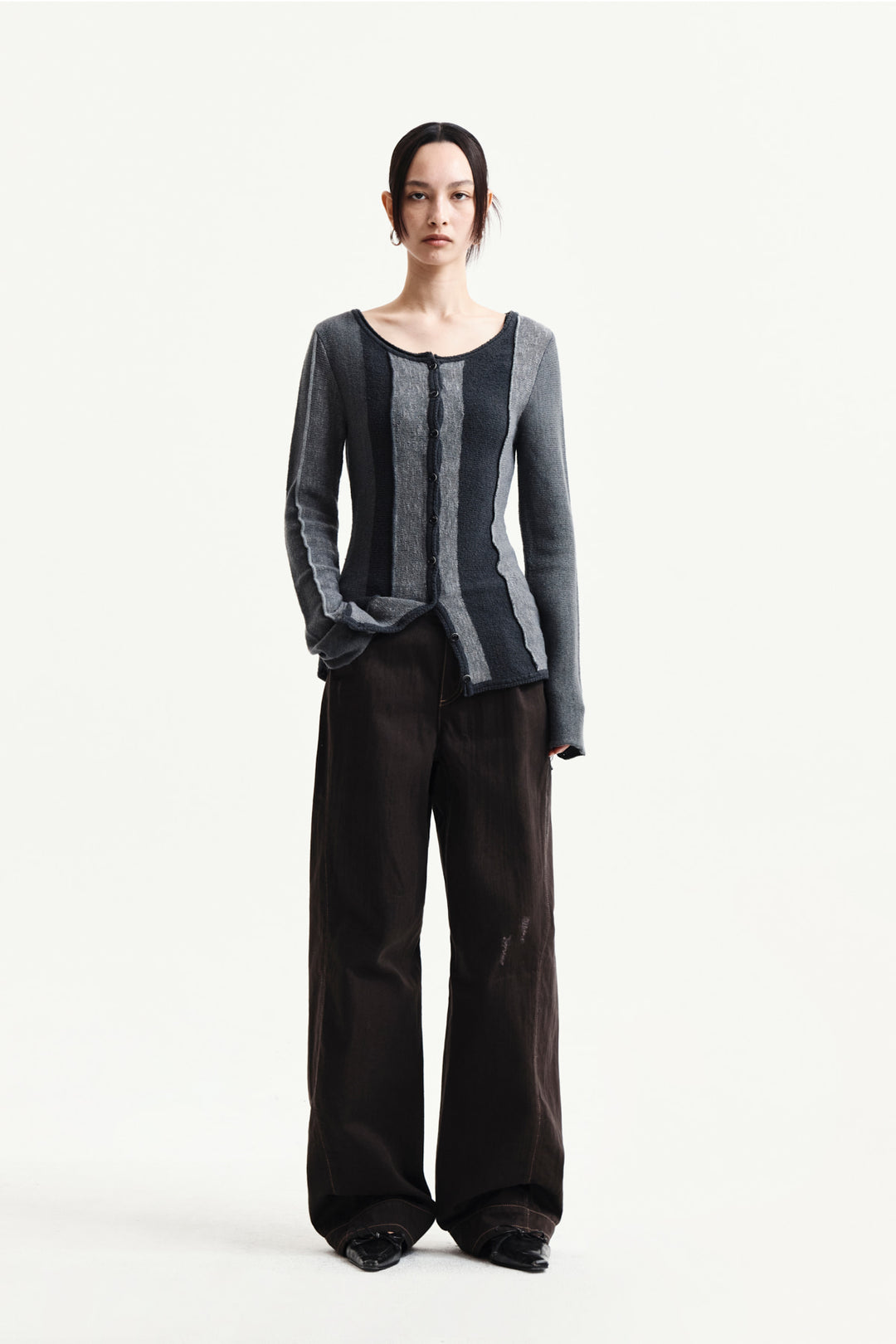 Matin Kim Color Block Slim Knit Cardigan — Charcoal