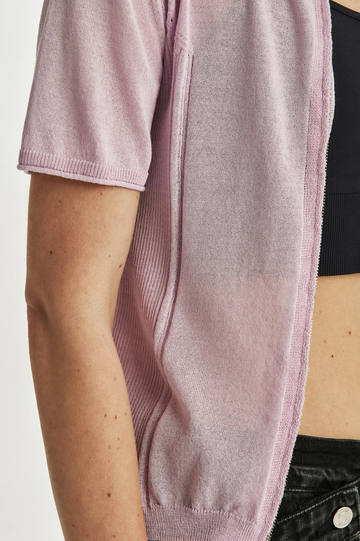 KIMMATIN Hoody Point Half Sleeve Knit Zip Up — Pink