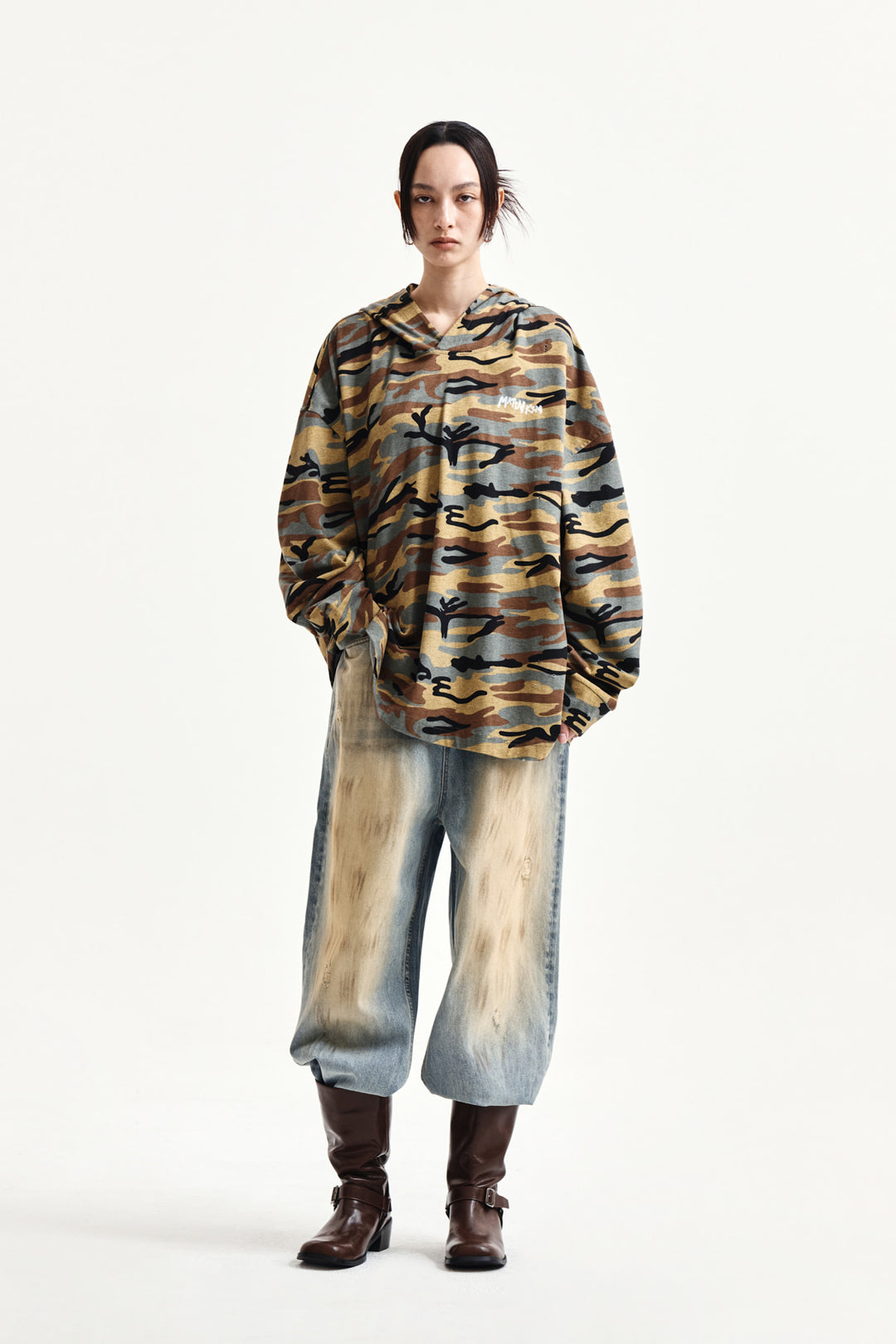 Matin Kim Typo Artwork Camouflage Hoody — Camel