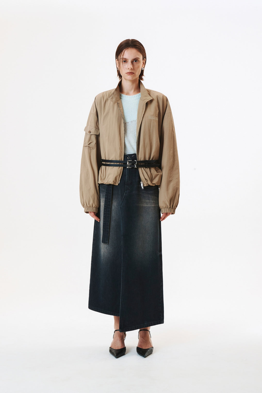 KIMMATIN Foldover Vintage Washed Denim Skirt — Black
