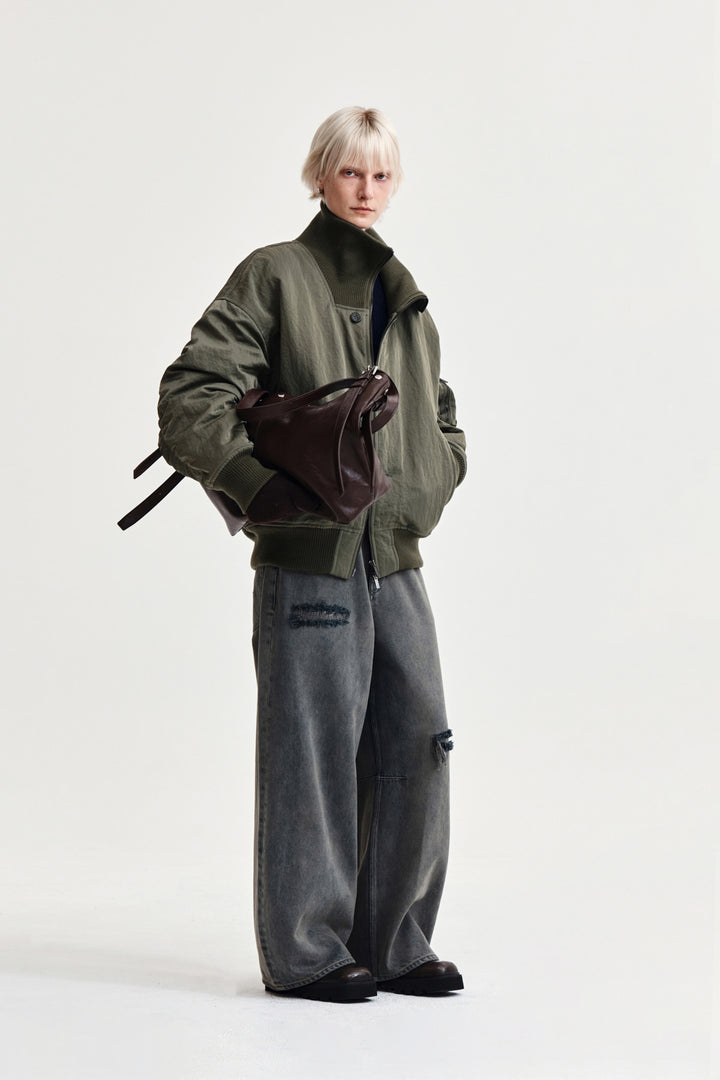Matin Kim High Neck Button Point Zip Up Jumper — Khaki