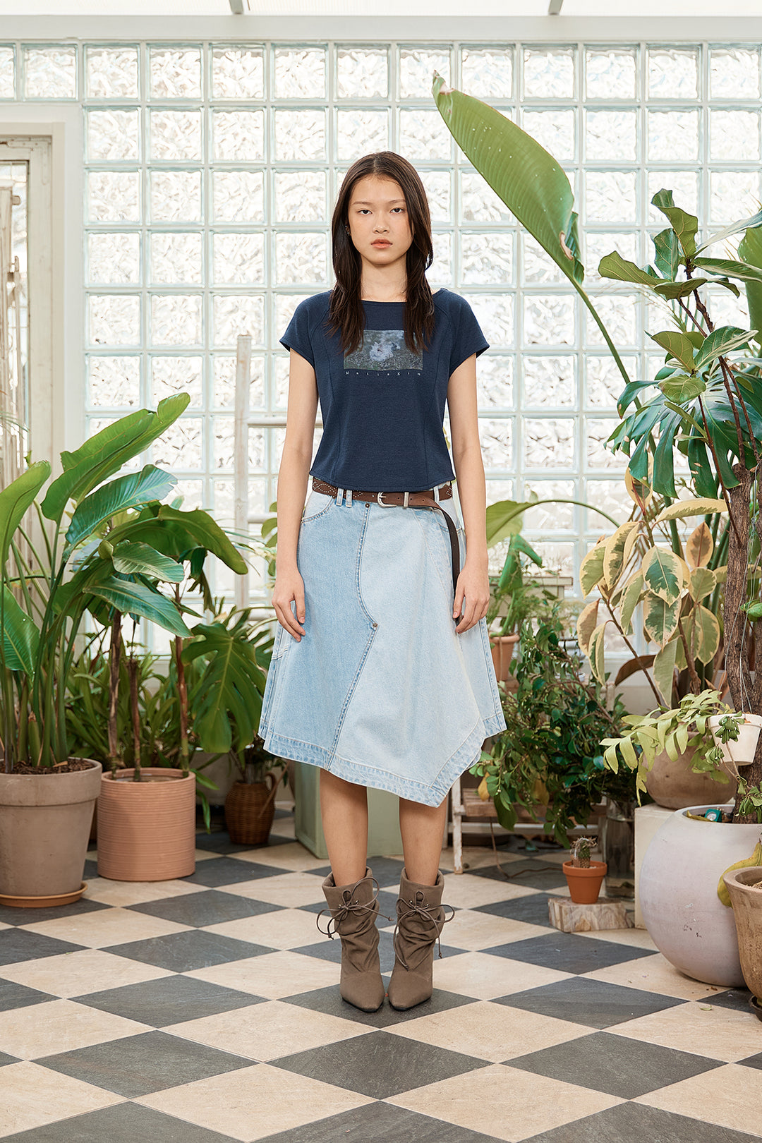 Matin Kim Denim Mixed Flare Skirt — Light Blue