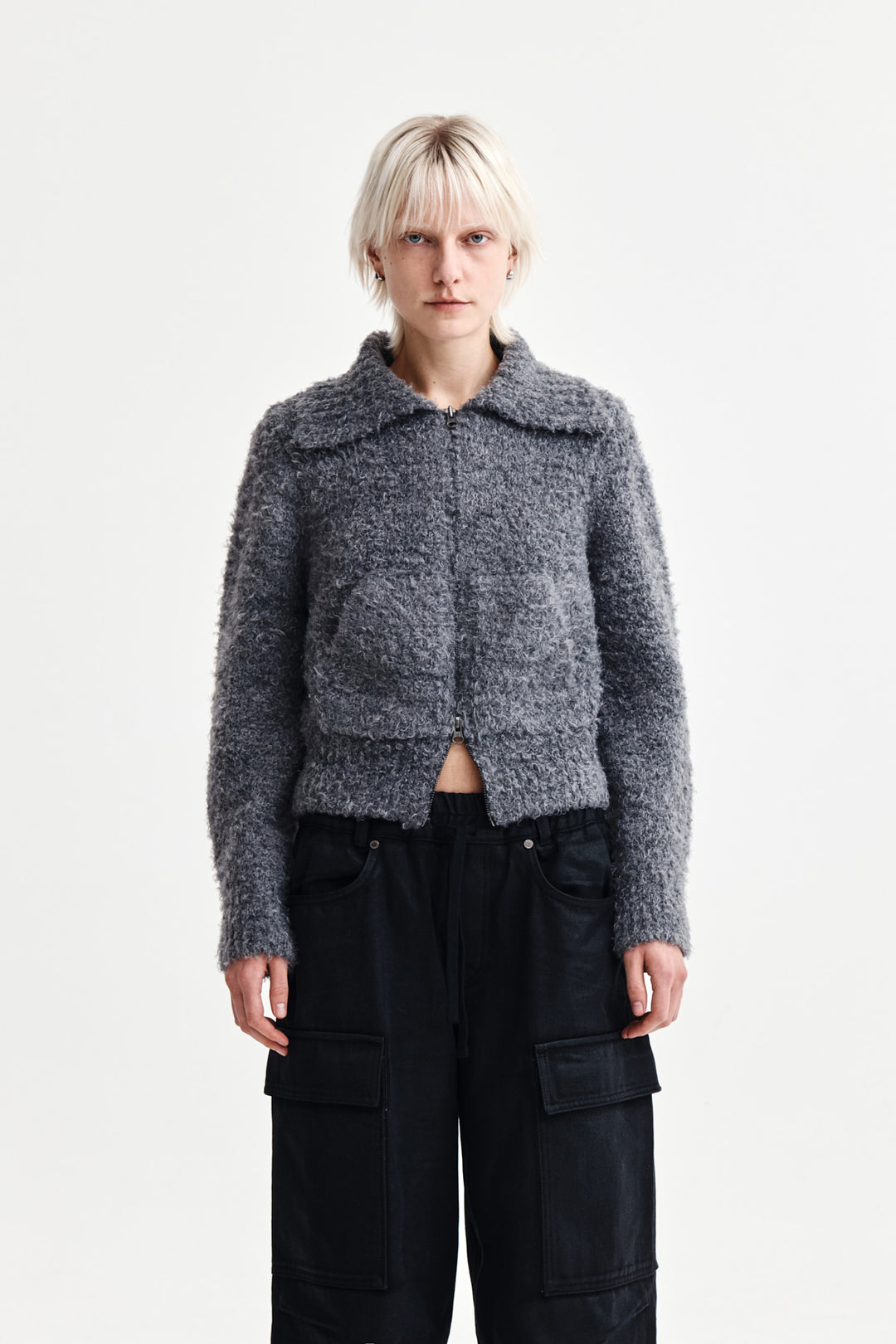 Matin Kim Boucle Knit Zip-Up Cardigan — Charcoal