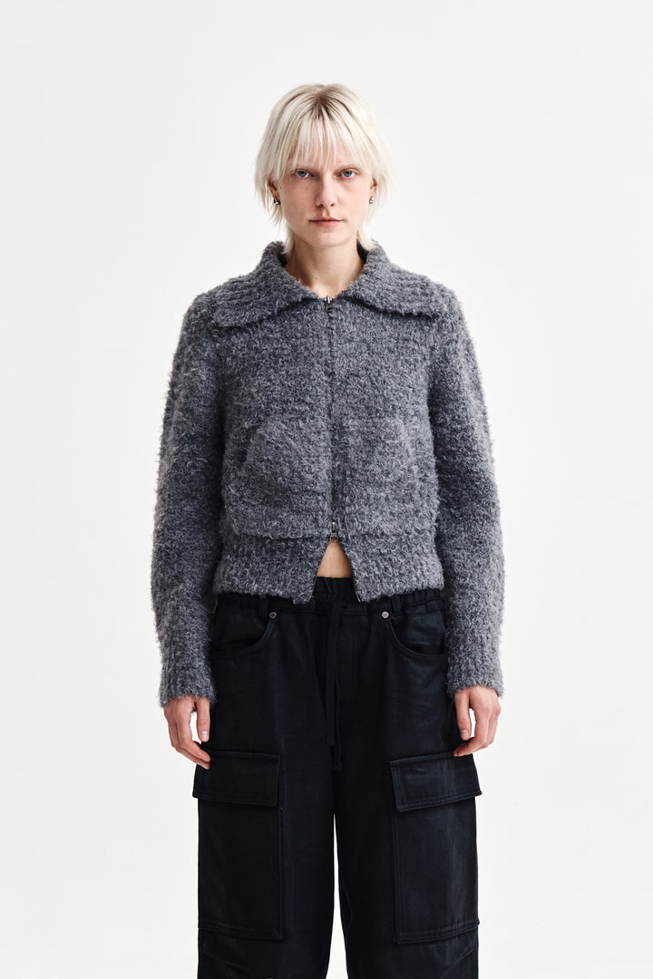 Matin Kim Boucle Knit Zip-Up Cardigan — Charcoal