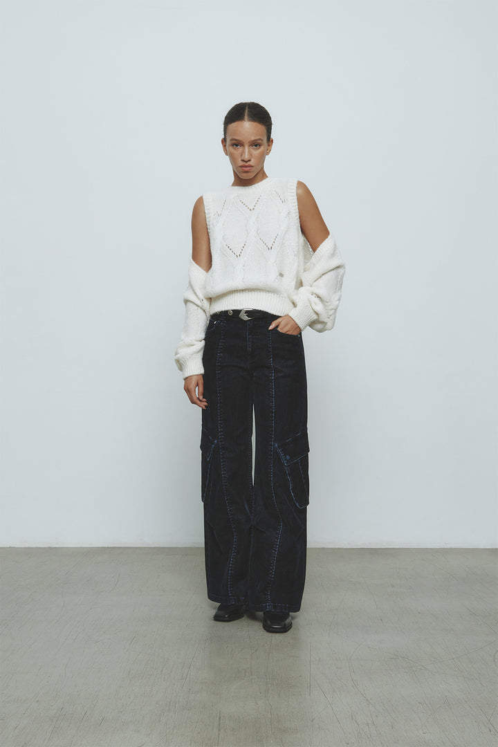 KIMMATIN Bolero Layered Cable Knit Pullover — Ivory