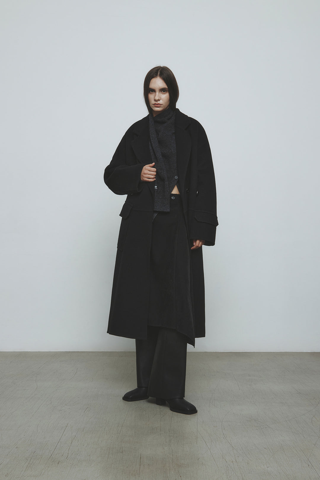 KIMMATIN Belted Double Wool Coat — Black