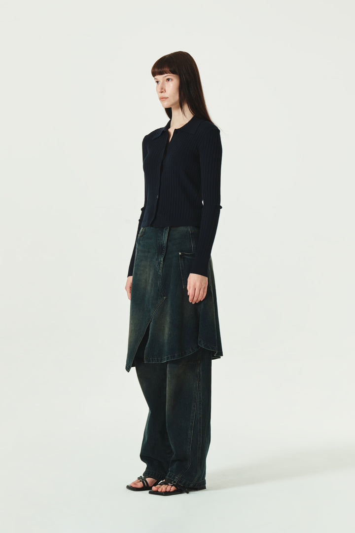 KIMMATIN Collar Point Ribbed Button Knit Cardigan — Navy blue