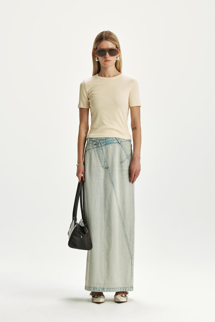 KIMMATIN Waist Point Denim Maxi Skirt — Light Blue