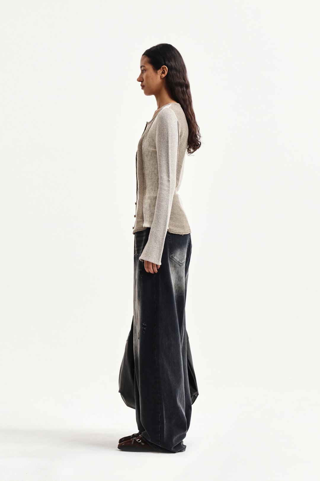 Matin Kim Color Block Slim Knit Cardigan — Beige