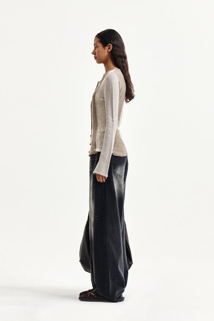 Matin Kim Color Block Slim Knit Cardigan — Beige