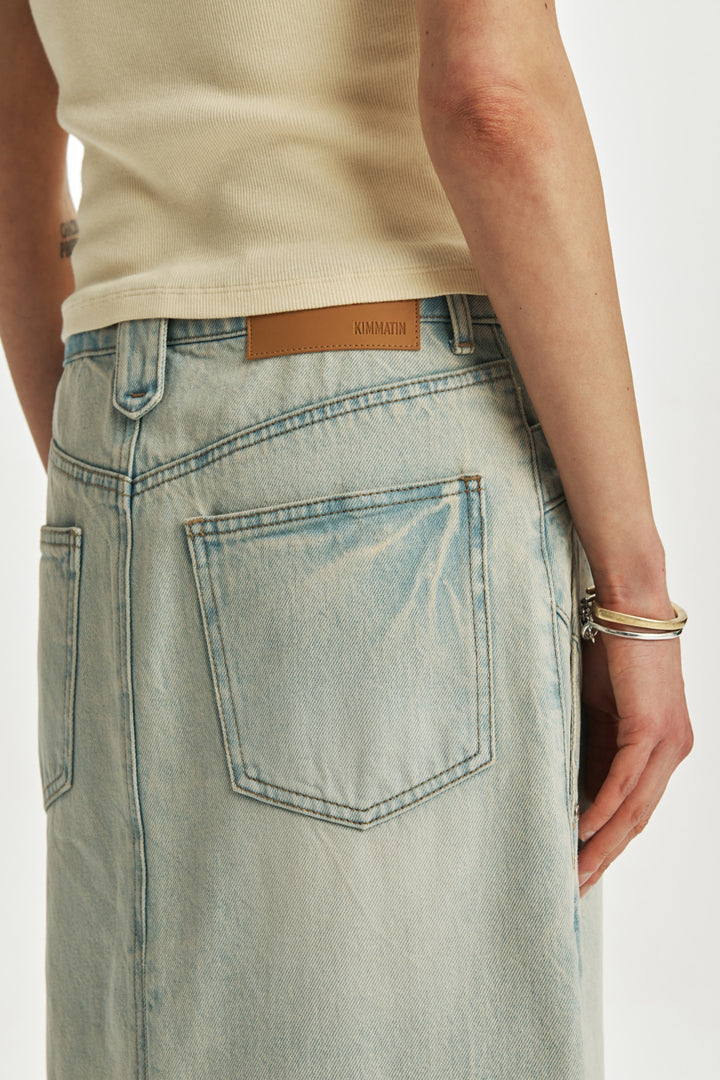 KIMMATIN Waist Point Denim Maxi Skirt — Light Blue