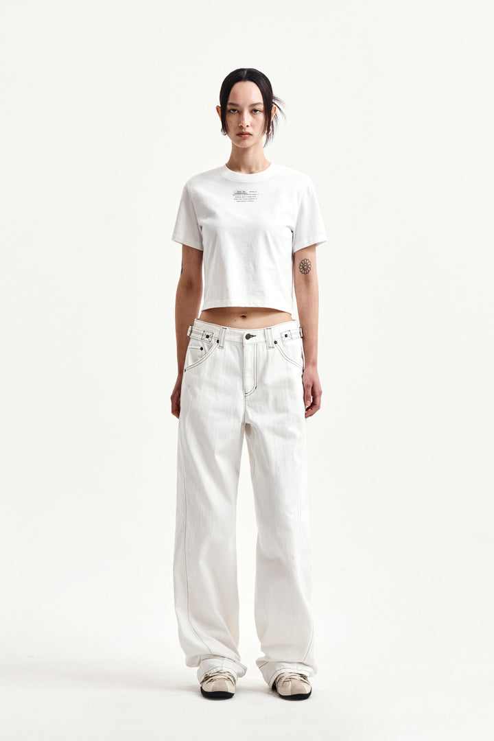 Matin Kim Waist Buckle Stitch Twill Denim — Ivory