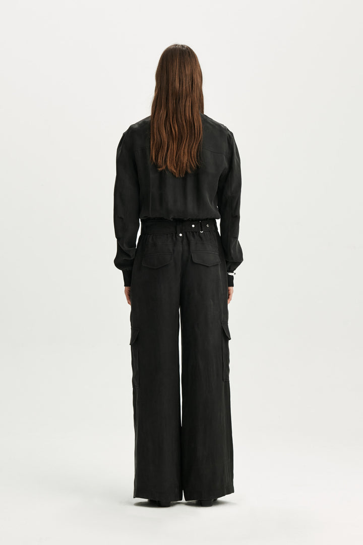 KIMMATIN Silky Belted Cargo Jumpsuit — Black