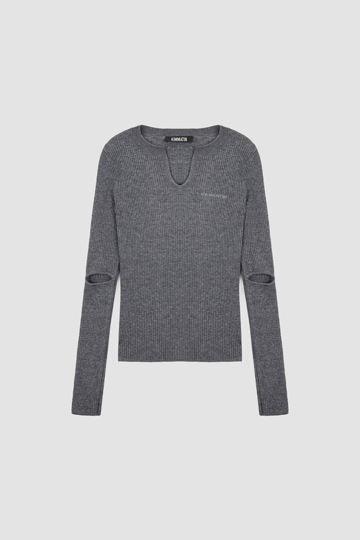 KIMMATIN Slit Point Slim Knit Top — Gray