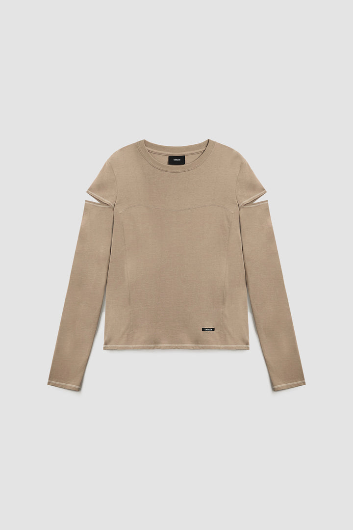 KIMMATIN Stitch Cut Out Long Sleeve Top — Beige