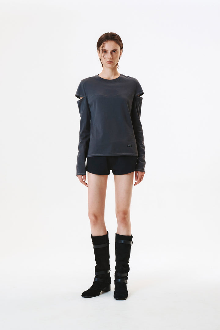 KIMMATIN Stitch Cut Out Long Sleeve Top — Charcoal
