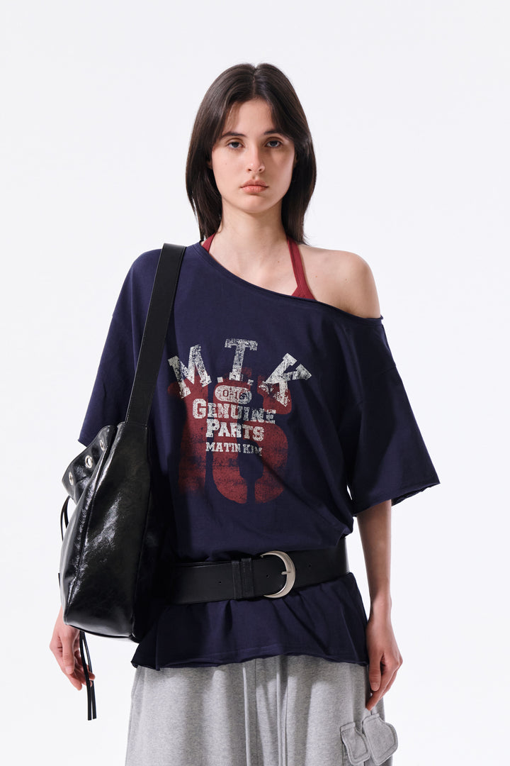 Matin Kim MTK 16 Graffiti Logo Asymmetric Top — Navy blue