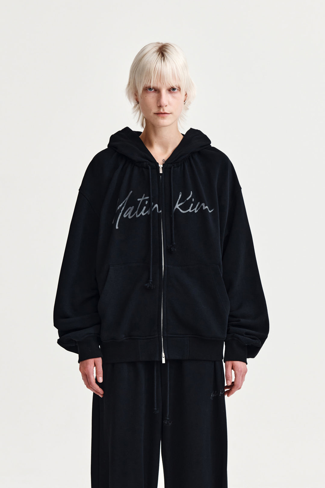 Matin Kim Drawstring Point Zip Up Hoody — Black