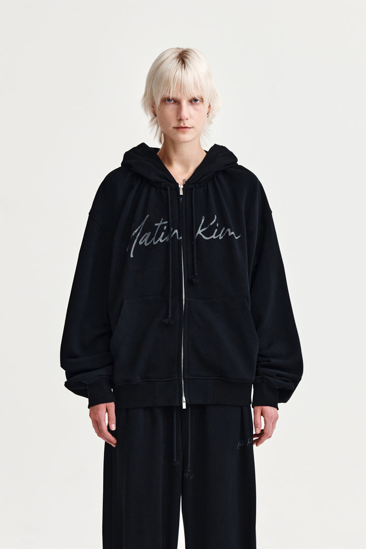 Matin Kim Drawstring Point Zip Up Hoody — Black