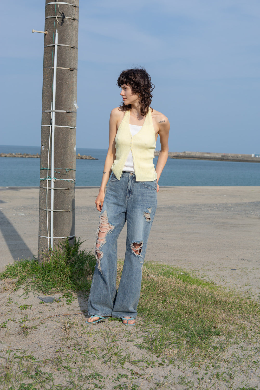 Matin Kim Layered Button Halter Neck Top — Yellow