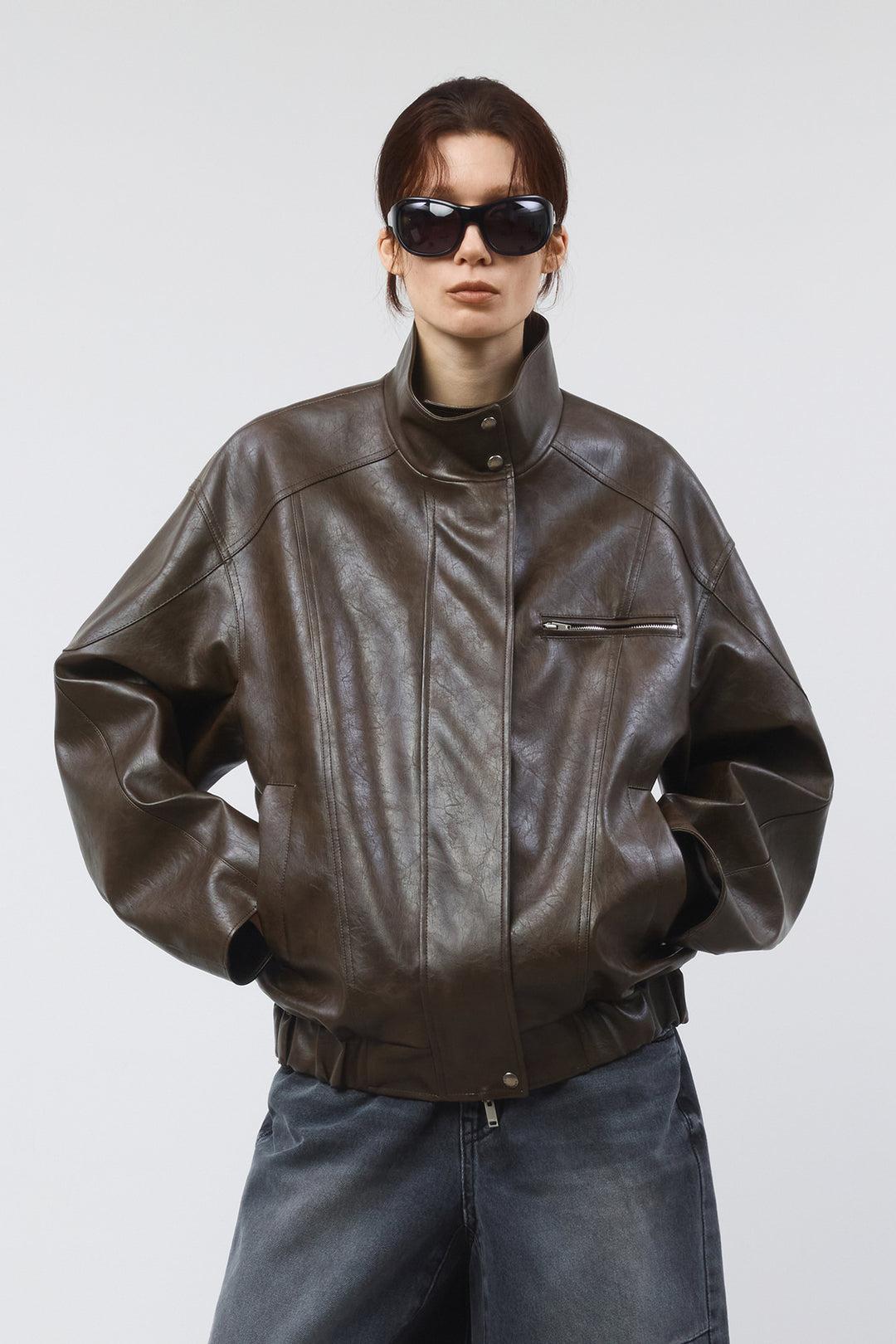 KIMMATIN Oversize Leather Biker Jumper — Brown