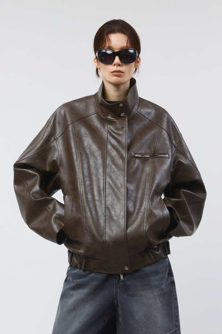KIMMATIN Oversize Leather Biker Jumper — Brown