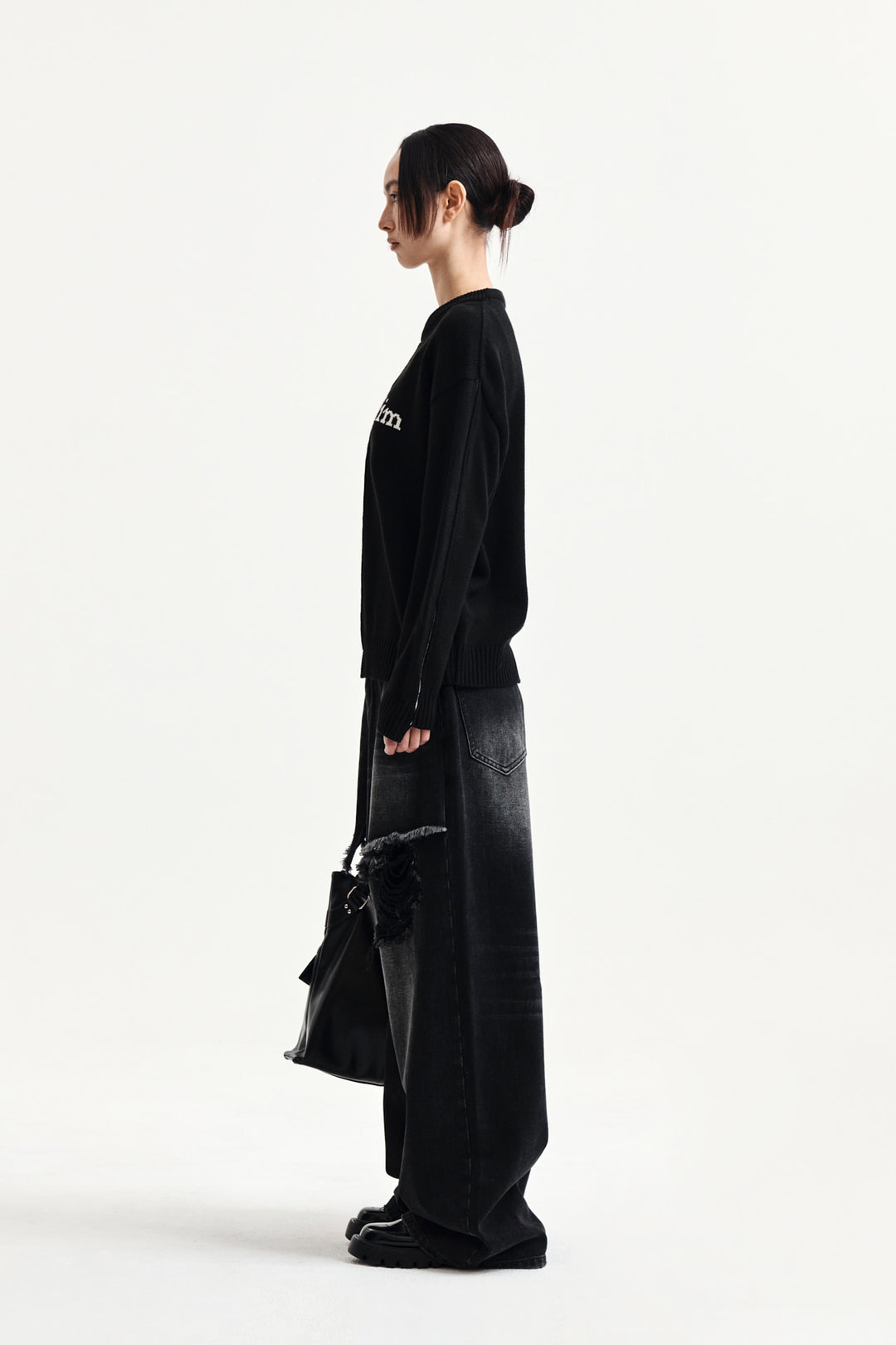 Matin Kim Asymmetric Logo Knit Pullover — Black