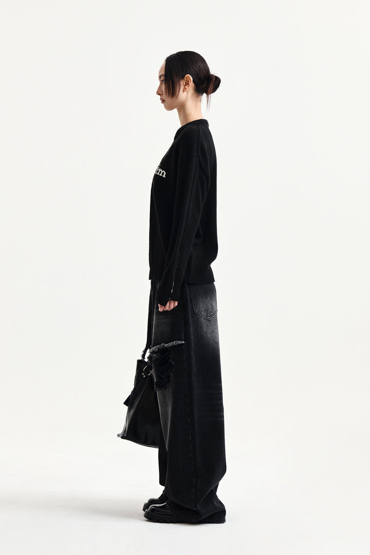 Matin Kim Asymmetric Logo Knit Pullover — Black