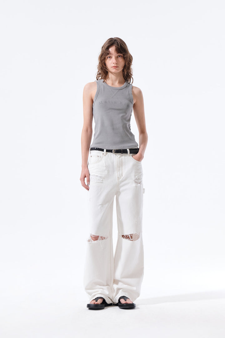 Matin Kim Distressed Sleeveless Logo Top — Light Grey