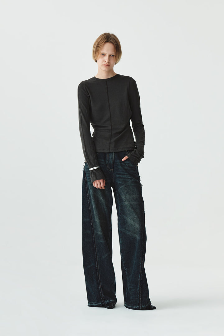 KIMMATIN Washed Cut Out Wide Denim — Navy blue