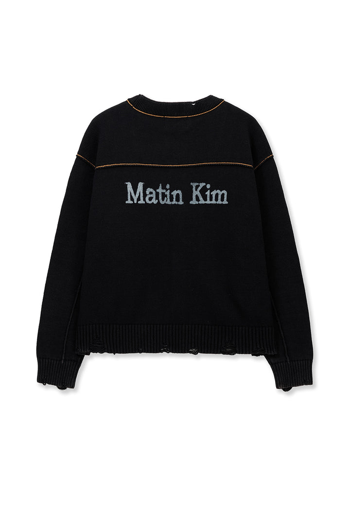 Matin Kim Back Logo Line Point Knit Cardigan — Black