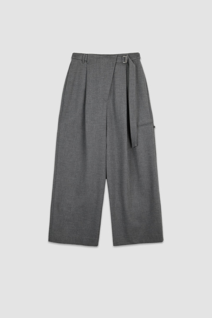 KIMMATIN Diagonal Zipper Belted Pants — Gray