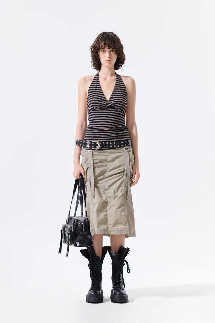 Matin Kim Nylon Shirring Midi Skirt — Khaki