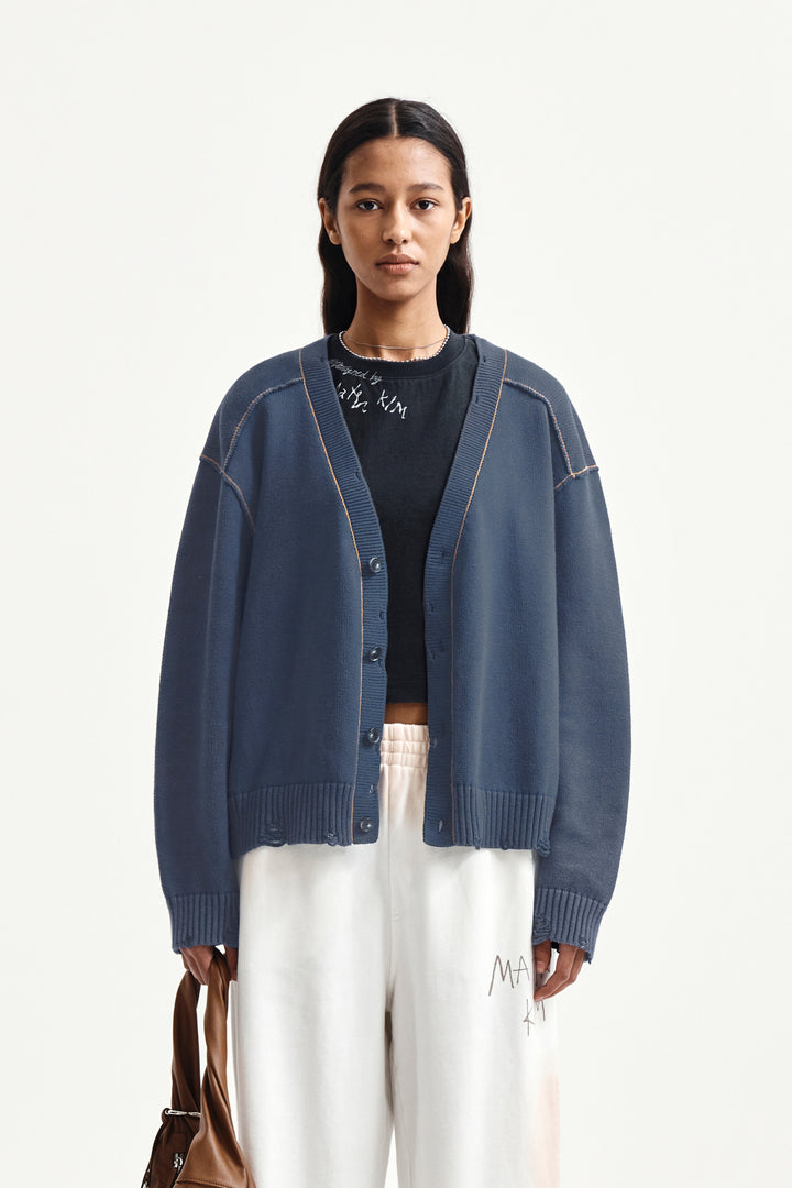Matin Kim Back Logo Line Point Knit Cardigan — Blue